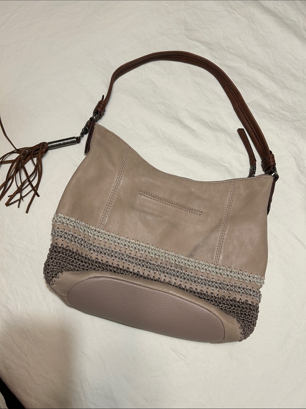 The Sak Taupe Shoulder Bag with Brown Strap and Tassel